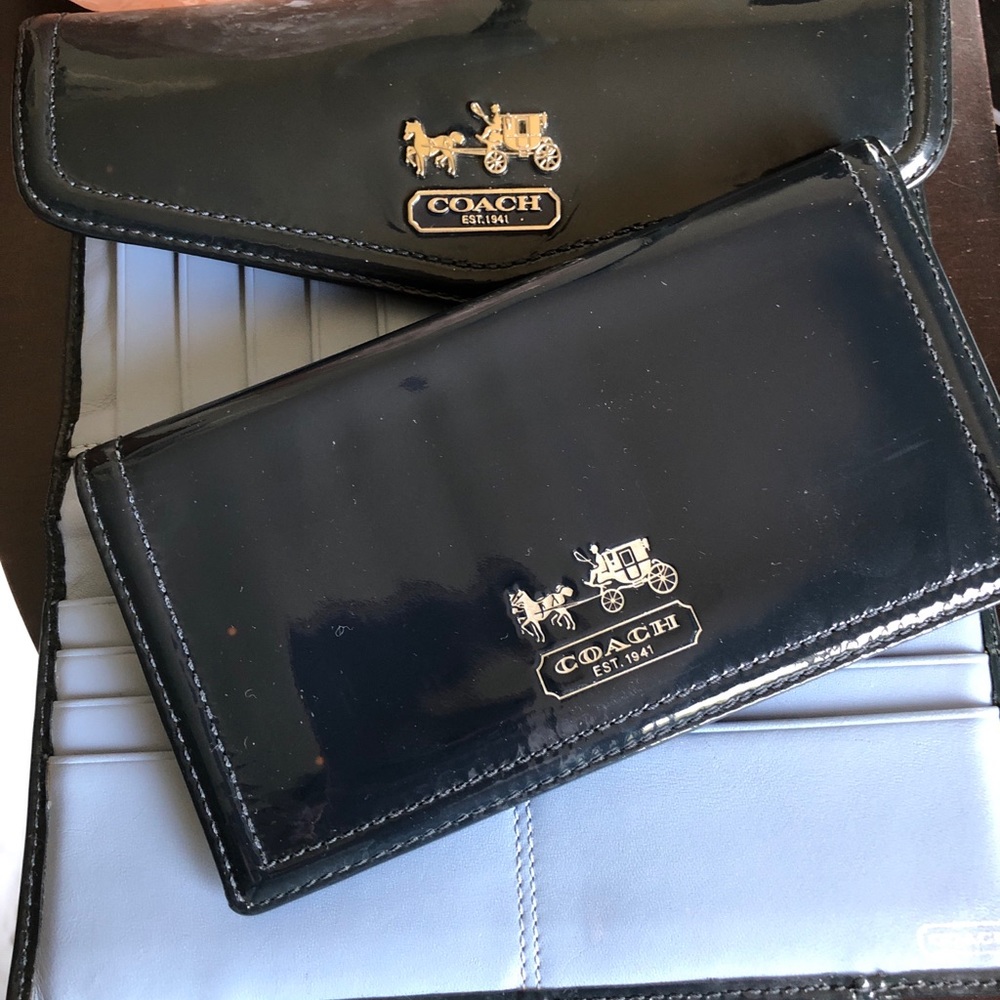 Coach Patent leather wallet with check book navy blue